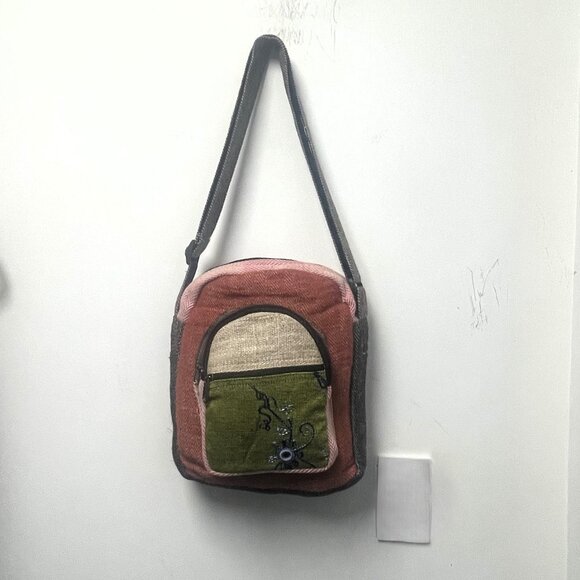 Multi Pocket Crossbody Bag Purse Made From Pure Hemp with embroidered flower - Picture 1 of 6